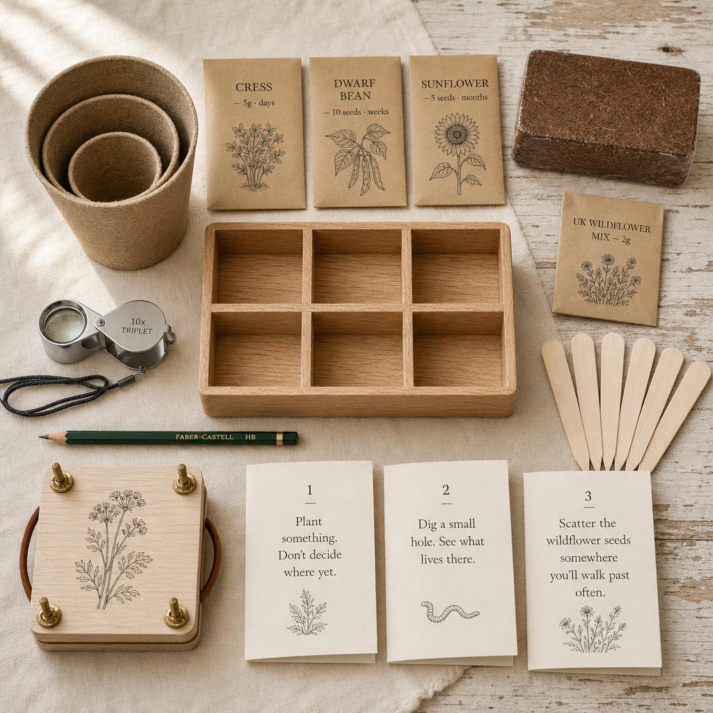 The Patient Garden — Three plants, three timeframes — days, weeks, months.
